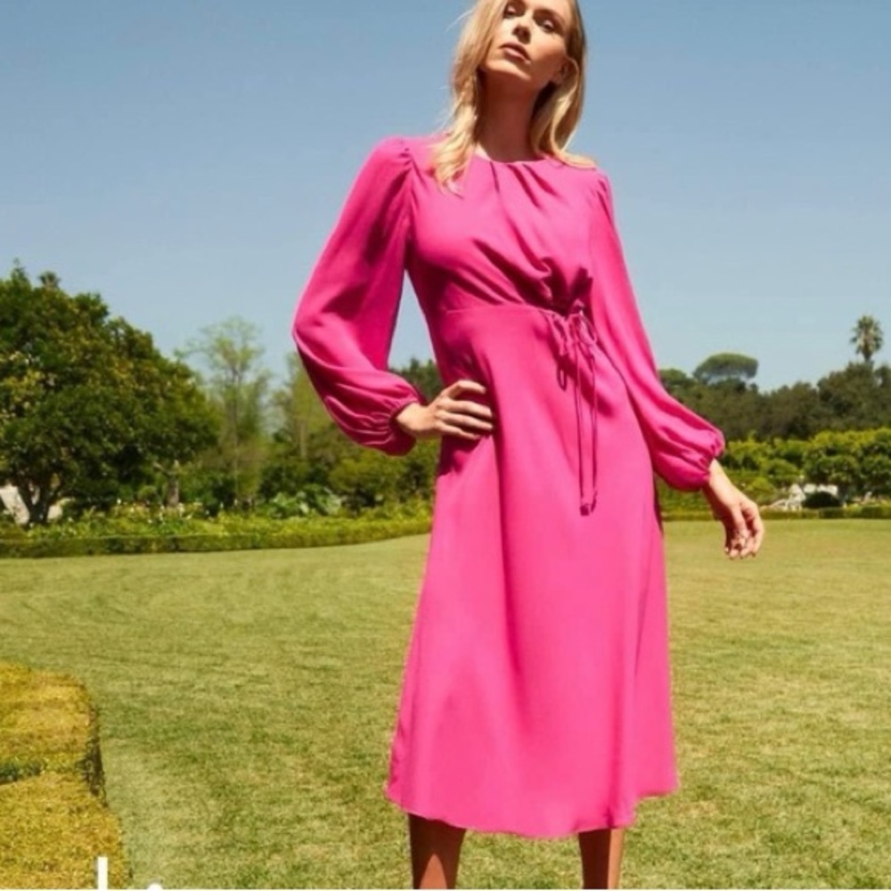CAbi Delight Midi Dress Fuchsia Hot Pink Cutout Tie Waist Size Medium#6578